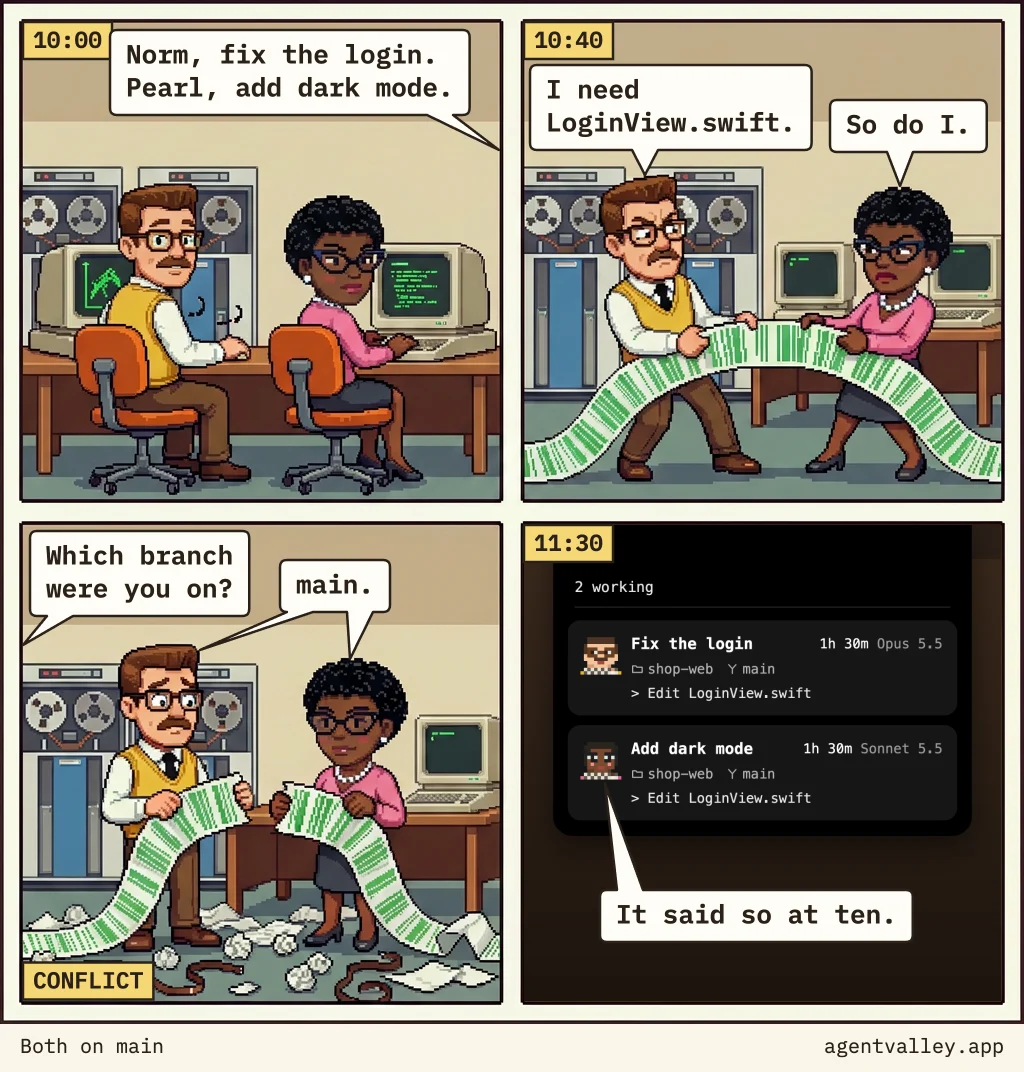 Four-panel pixel-art comic starring Norm and Pearl. The words are below.