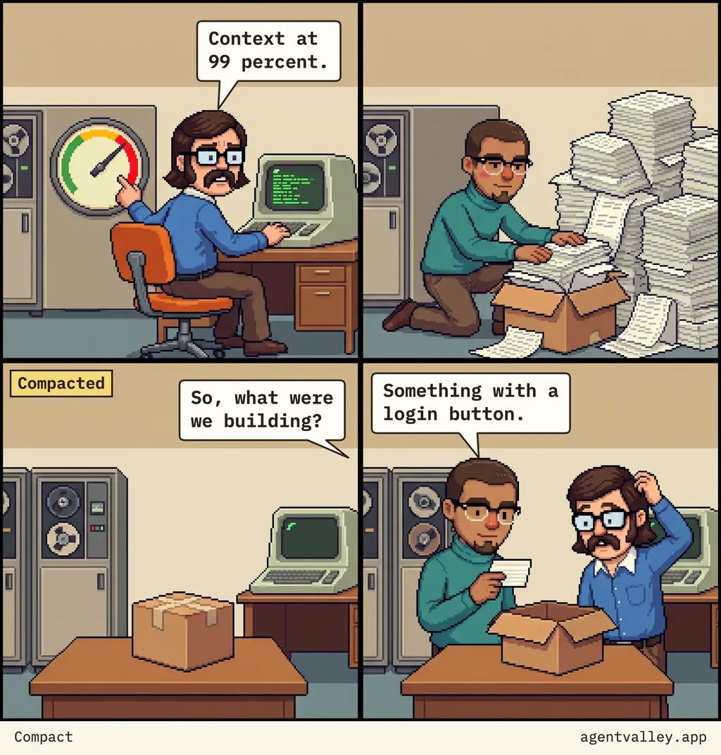 Four-panel comic. Walt points at a gauge in the red: “Context at 99 percent.” Felix pushes a mountain of printouts into one small box. The box sits taped shut on a desk, tagged “Compacted”, and Walt’s voice asks: “So, what were we building?” Felix reads a single card from the box while Walt scratches his head: “Something with a login button.”