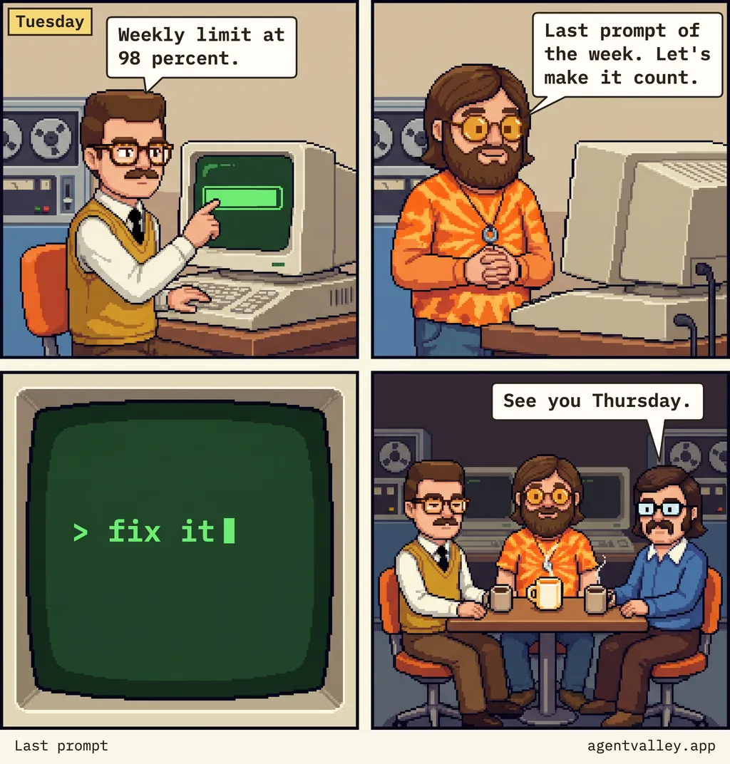 Four-panel pixel-art comic starring Norm, Sunny and Walt. The words are below.