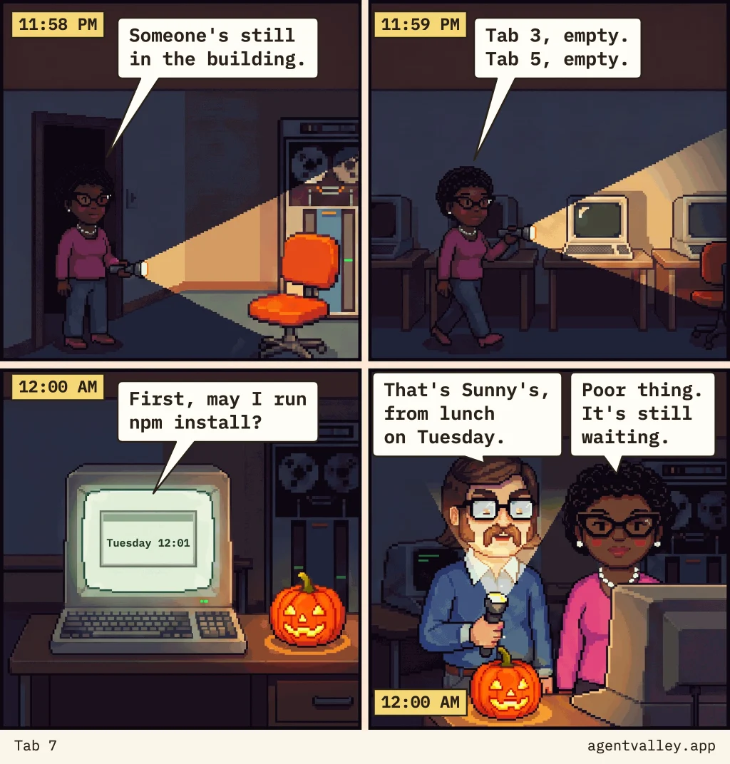 Four-panel pixel-art comic starring Pearl and Walt. The words are below.