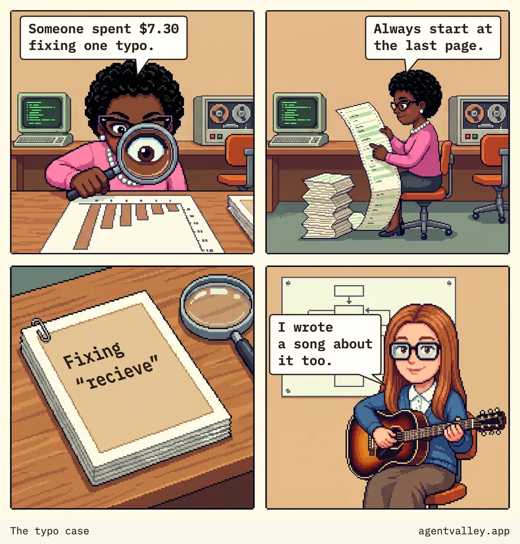 Four-panel comic. Pearl studies a cost chart through a magnifying glass: “Someone spent $7.30 fixing one typo.” She reads a long printout: “Always start at the last page.” On the desk lies a report titled “Fixing ‘recieve’”. Judy plays a sunburst guitar: “I wrote a song about it too.”