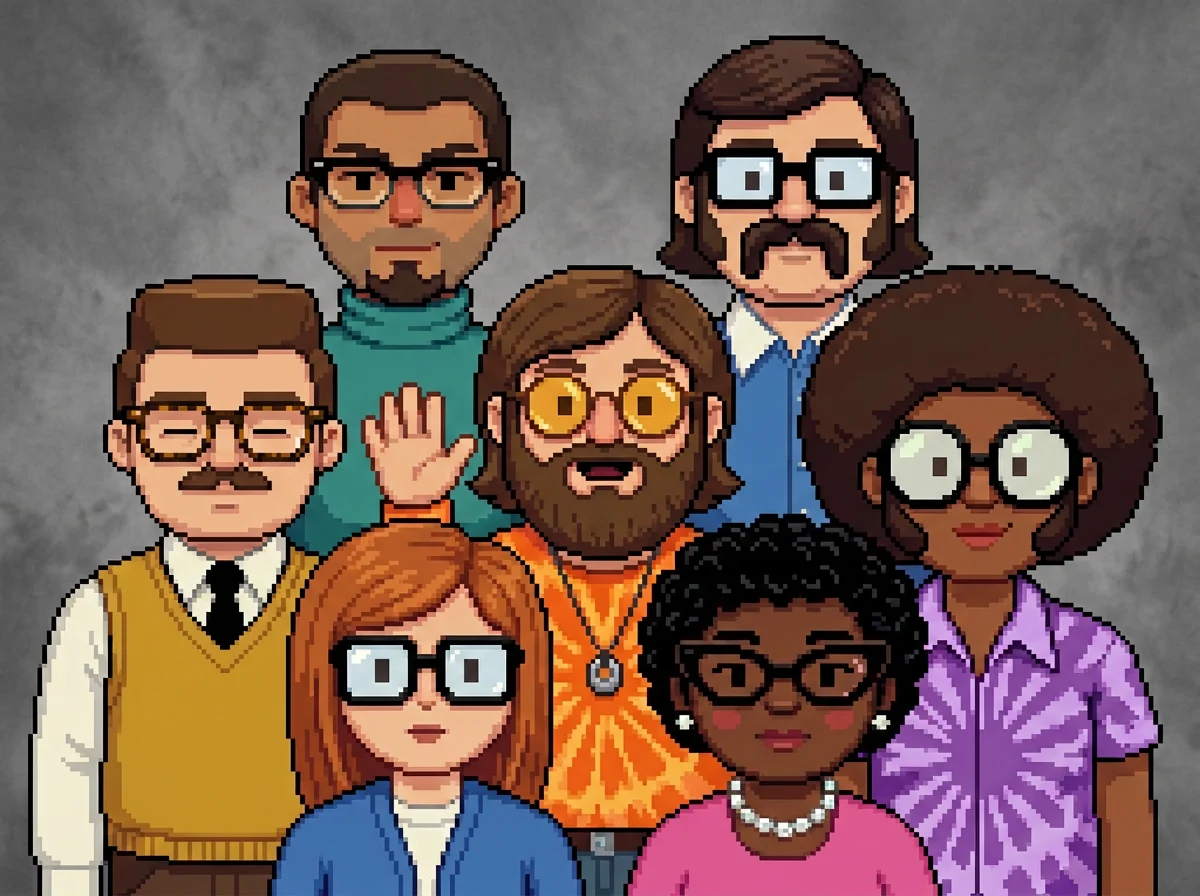The crew as a 1970s team photo in detailed pixel art, three rows deep. In the middle the bearded one in orange tie-dye waves at the camera; the one in the yellow vest has blinked.