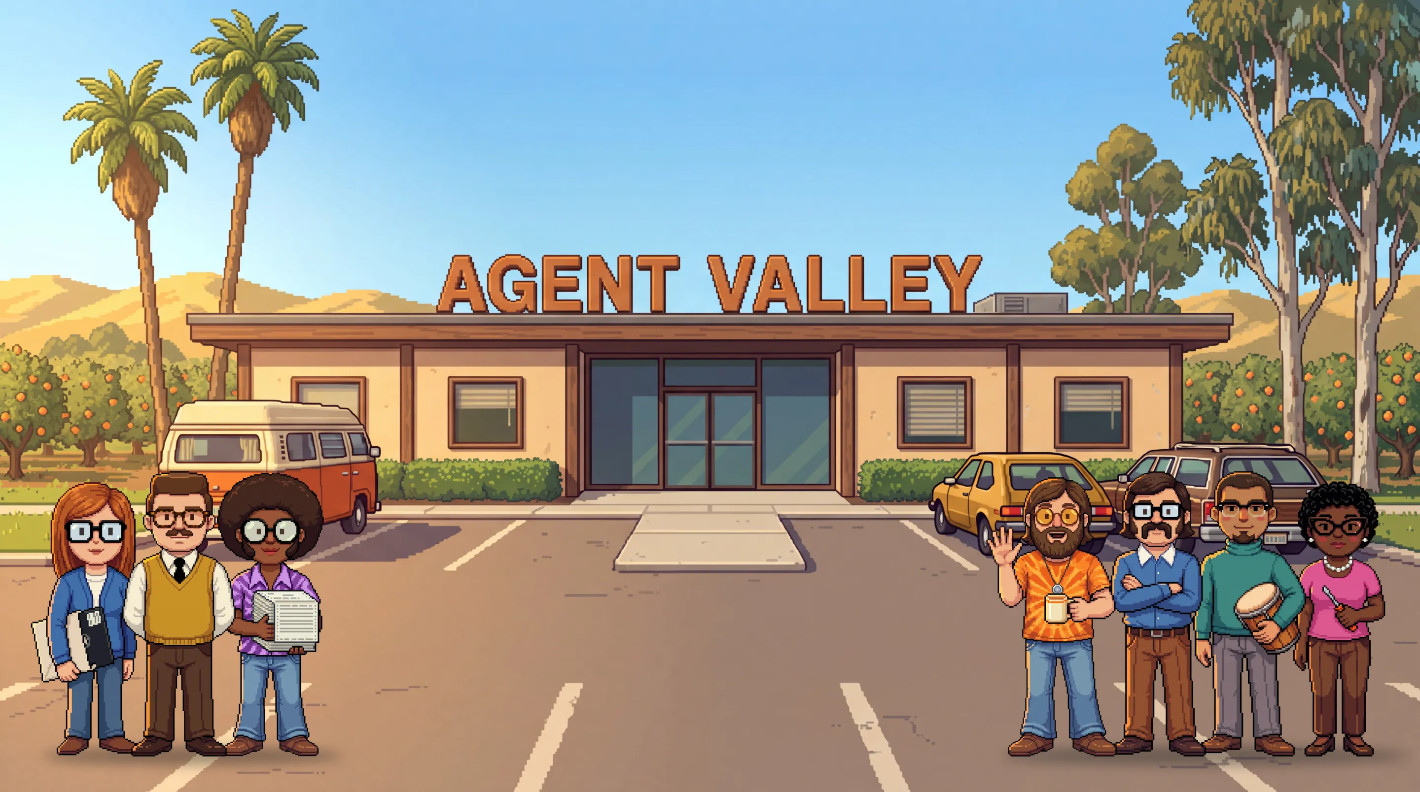 The crew outside their 1970s office under big AGENT VALLEY letters, a camper van and two old cars in the lot. Judy, Norm and Faye stand on the left; Sunny waves with his mug beside Walt, Felix and Pearl on the right.